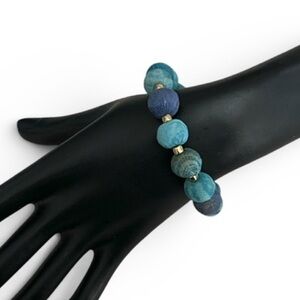 World Finds Kantha Bauble Bracelet in Azure Blues Upcycled Sari Fabric